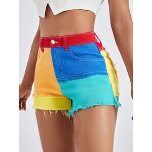 ColorBlock Rainbow Retro raw hem Denim Short size 4 W cotton Kidcore Streetwear